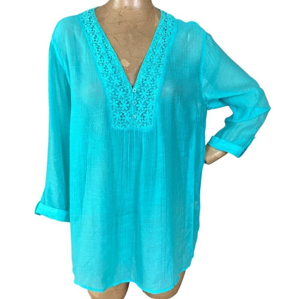 Grande & Greene Tunic Top‎ Lace Button Accents L Turquoise #317G